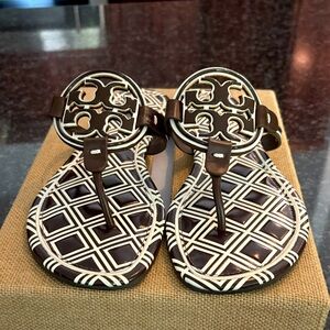 Tory Burch Brown Leather Logo T-Strap Sandals